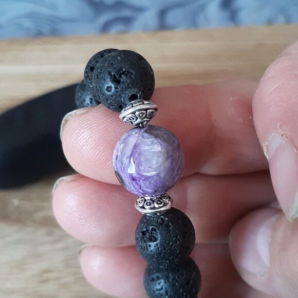 Charoite & Lava Rock Beaded Stretch Bracelet - Picture 3 of 5